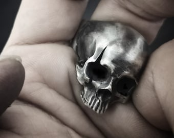 Gothic Skull Silver Ring - Unique Scar Design for Men and Women - Handcrafted Custom Size Available - Edgy Antique Style Jewelry