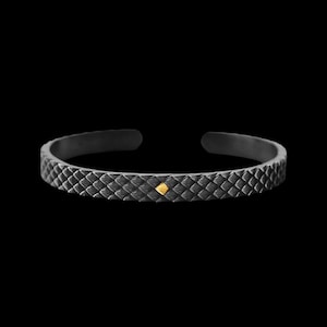 Puede incluir: Un brazalete negro y plateado con un dise&ntilde;o texturizado, similar a la piel de serpiente. Un peque&ntilde;o cuadrado dorado est&aacute; colocado en el centro del brazalete.