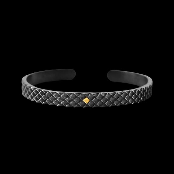 Hand Forged 999 Silver Dragon Scale Cuff Bracelet with 24K Gold Accents