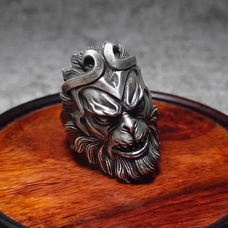 Hand-carved Monkey Ring - 925 Sterling Silver Men's Jewelry