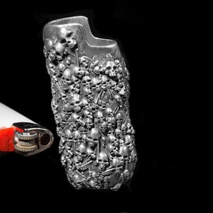 Skull Domain Lighter Case - Hand-Carved 925 Silver Gothic Armor, Necropolis Map Relief, Halloween Gift for Men Occult Bic J5 Cover Collector