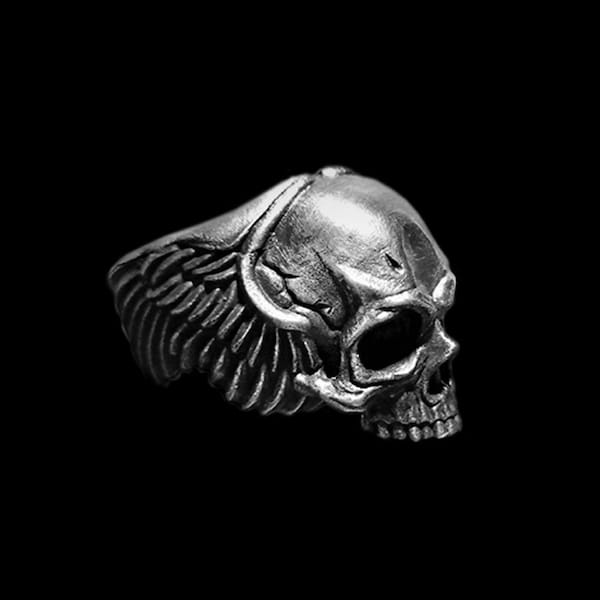 Soulful Skull Ring with Angelic Wings - Custom Sizes 925 Silver skull rings for Men and Women  Skull Silver Ring Gift