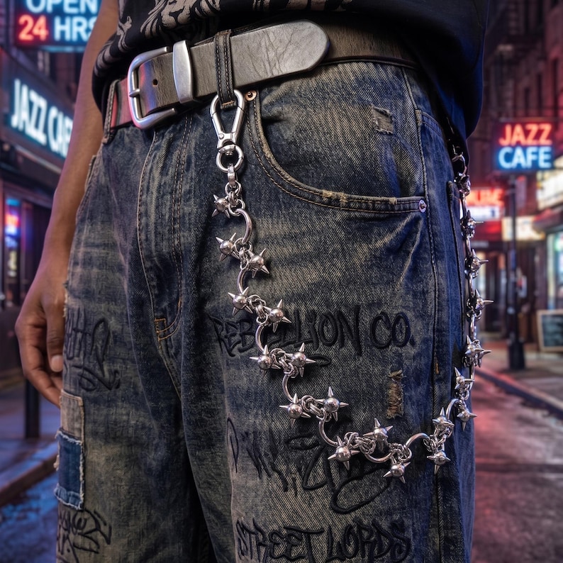 May include: Dark blue denim jeans featuring black graffiti-style text and a distressed finish, paired with a black leather belt and a silver-toned metal wallet chain adorned with multiple sharp, star-shaped spikes attached to the belt loop.