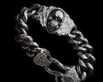 Skull Link Bracelet for Men - 925 Silver Gothic Biker Chain Bracelet
