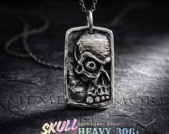 Gothic Biker Jewelry - Handmade Sterling Silver Skull Pendant Necklace