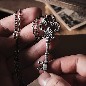 Key Necklace for Men, 925 Sterling Silver Key Pendant, Gothic Statement Talisman, Oxidized or Polished, Handmade Gift for Him