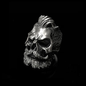 Handcrafted Sterling Silver Bearded Skull Ring: Artisan Biker Jewelry