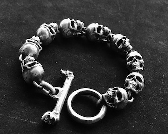 Pulsera de cuentas de calavera de plata de ley - Pulsera gótica para hombre estilo motero