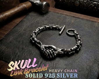 Pulsera de calavera y hueso de plata de ley forjada a mano - Joyería gótica oculta
