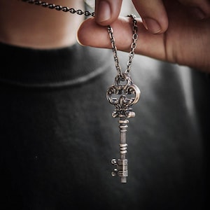 Key Necklace for Men, 925 Sterling Silver Key Pendant, Gothic Statement Talisman, Oxidized or Polished, Handmade Gift for Him