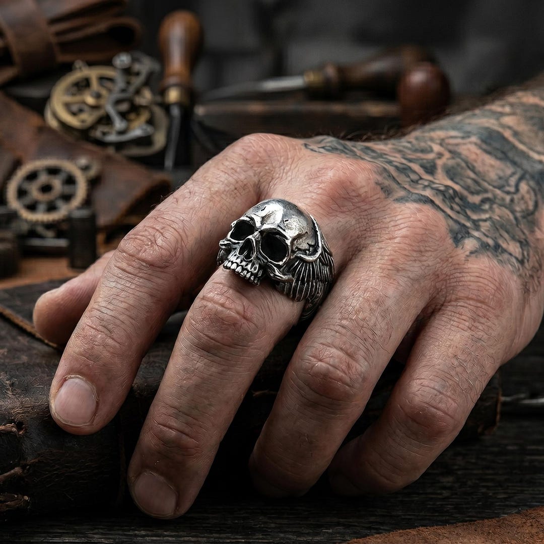 Hand-chiseled Skull Ring for Men – Solid 925 Sterling Silver Heavy