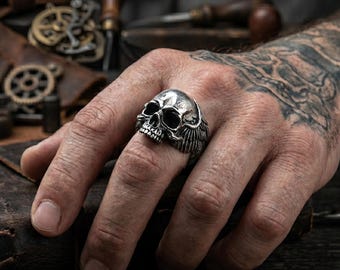 Hand-Chiseled Skull Ring for Men – Solid 925 Sterling Silver Heavy Gothic Biker Statement Rings, Oxidized Silver Jewelry