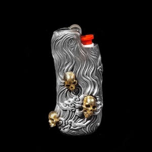 Skull Lighter Case - 925 Silver & Brass Gothic Zippo Cover, Multi Skull Armor, Handmade Halloween Gift for Bikers, Dark Smoker Accessory Men