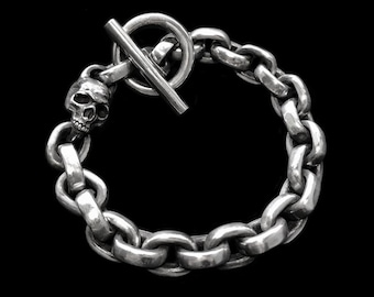 Joyería gótica de motociclista: pulsera pesada de calavera de plata de ley