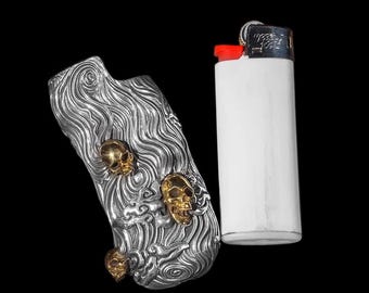 Skull Lighter Case - 925 Sterling Silver & Brass, Gothic Smoker Accessory