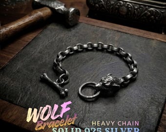 Pulsera de lobo de plata de ley hecha a mano: Joyería vikinga con cordón de cuero