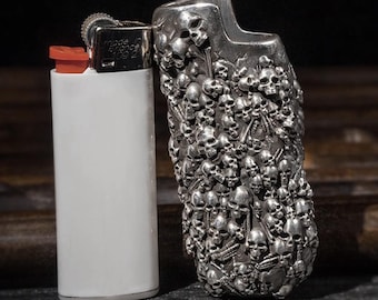 Hand-Carved Sterling Silver Skull Lighter Case – Gothic Bic J5 Cover