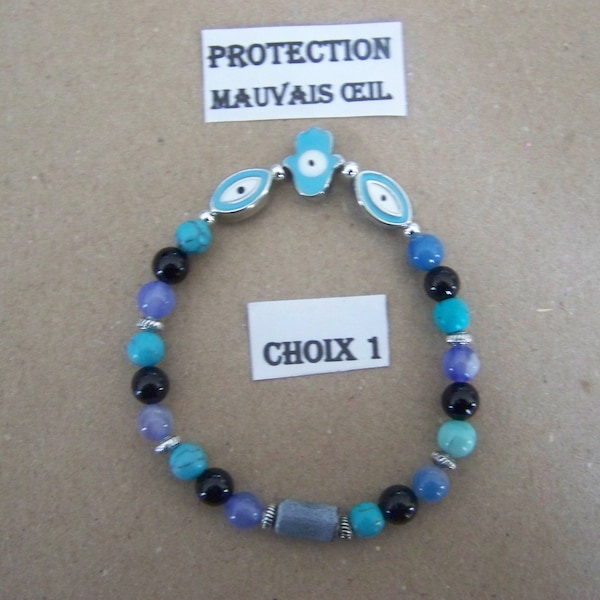 bracelet perles gemmes et œil grec spécial protection "MAUVAIS OEIL"