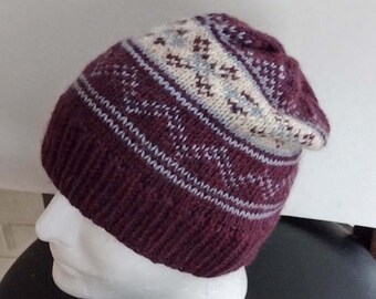 Hand Knitted Wool Beanie: Fair Isle Nordic Slouchy Toque
