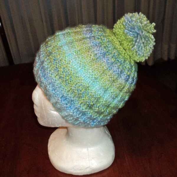 WAFFLE Beanie - Knitted Ribbed Hat with Pompom, Washable Chunky Acrylic Yarn, Hand Knitting, Adult Unisex