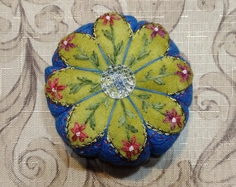 Embroidered Wool Pin Cushion - Tomato Style, Original Design, Ground Walnut Filling, Button Center, One-of-a-Kind