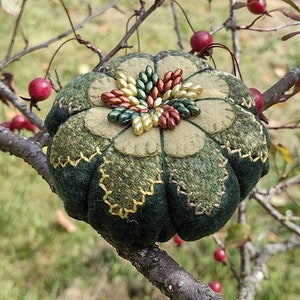 Embroidered Wool Pin Cushion: Tomato Style, Beaded Pinwheel Center