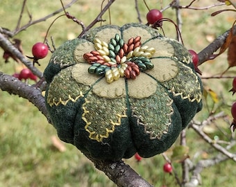 Embroidered Wool Pin Cushion: Tomato Style, Beaded Pinwheel Center, Walnut Filling