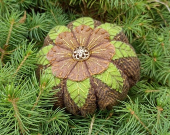 Embroidered Wool Pin Cushion - Tomato Style, Original Design, Ground Walnut Filling, Button Center, One-of-a-Kind