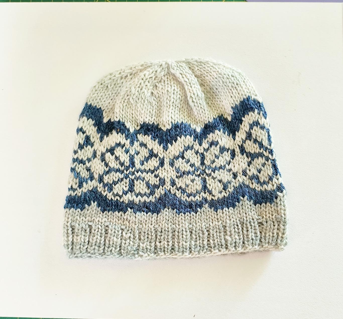 Hand Knitted Hat - BLUE BLOSSOMS Toque Beanie - 100% Acrylic Yarn