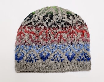 Hand Knitted Hat - TAPESTRY Beanie - Toque made with 100% Silk/Wool Yarn, Stranded Knitting, Adult Unisex