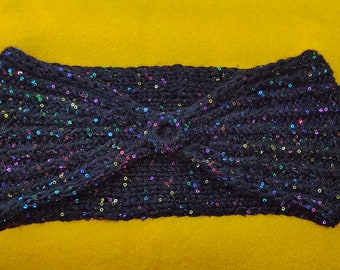 Handknit Headband - BLACK BLING - Glitzy Sparkled Wool Blend Yarn, Adult Size