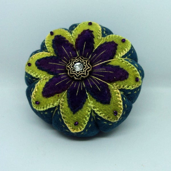 Embroidered Wool Pin Cushion - Tomato Style, Original Design, Ground Walnut Filling, Button Center, One-of-a-Kind