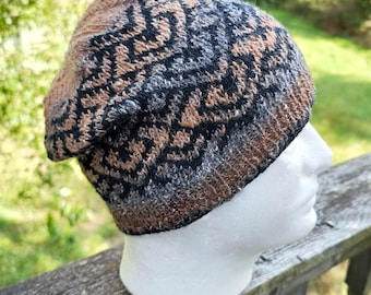 Hand Knitted Hat - DRAGON SCALES Beanie - Toque made with 100% Silk/Wool Yarn, Stranded Knitting, Adult Unisex