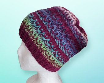 Handmade Burgundy Wool Slouchy Beanie: Unisex Knit Hat