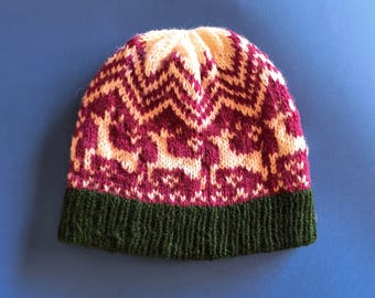 Hand Knitted Wool Christmas Beanie: Reindeer Romp Toque