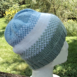 PASTEL STRIPES Beanie - Knitted Hat made with 100% Wool Worsted Yarn, FairIsle Hand Knitting, Adult Slouchy Unisex