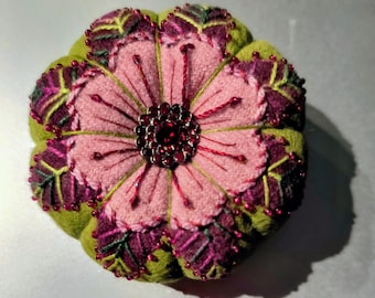 Embroidered Wool Pin Cushion - Tomato Style, Original Design, Ground Walnut Filling, Button Center, One-of-a-Kind