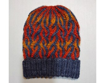 Hand Knitted Hat  - FLAMING DENIM Toque Beanie -  100% Acrylic Yarn, Cabled Stranded Knitting, Adult Unisex