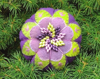Embroidered Wool Pincushion - Tomato Style, Beaded, Original Design, Ground Walnut Filling, Pinwheel Center, One-of-a-Kind