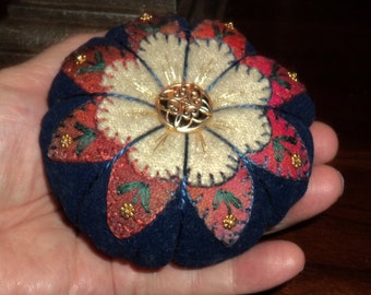 Embroidered Wool Pin Cushion - Tomato Style, Original Design, Ground Walnut Filling, Button Center, One-of-a-Kind