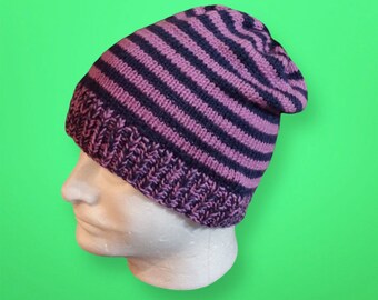 Hand Knitted Hat - MAGENTA NAVY STRIPED Beanie Toque -  Merino Wool Blend Yarn, Adult Unisex Size, Light Slouchy Style, Superwash