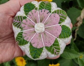 Embroidered Wool Pin Cushion - Tomato Style, Original Design, Ground Walnut Filling, Button Center, One-of-a-Kind