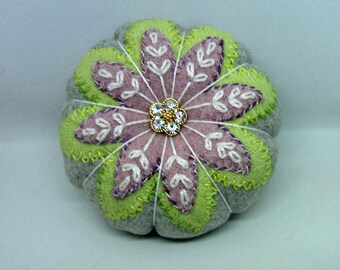 Embroidered Wool Pin Cushion - Tomato Style, Original Design, Ground Walnut Filling, Button Center, One-of-a-Kind