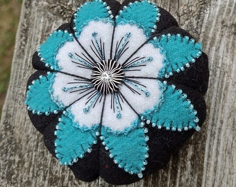 Embroidered Wool Pin Cushion: Beaded Tomato Style, Walnut Filling