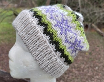 Hand-Knitted Snowflake Beanie: Wool Blend Nordic Hat