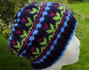 Hand Knitted Slouchy Beanie: Merino Wool Blend, Spring Tulips