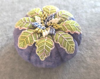 Embroidered Wool Pin Cushion: Beaded Pinwheel, Walnut Filling