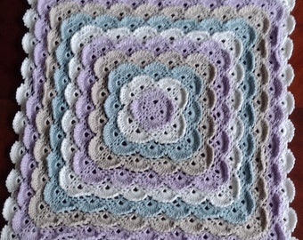 Crocheted Baby Blanket: Scalloped Lace Acrylic Afghan, Pastel Blue & Lilac