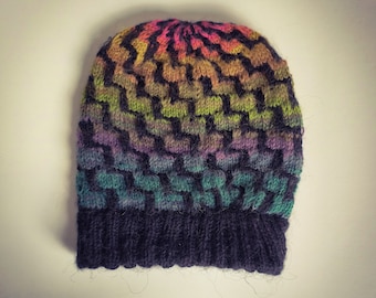 Hand Knitted Beanie: Rainbow Wool Blend Toque, Unisex Adult