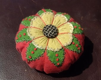 Embroidered Wool Pin Cushion - Tomato Style, Original Design, Ground Walnut Filling, Button Center, One-of-a-Kind
